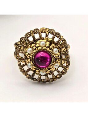 Vintage Victorian Revival Gold-Tone Ring Pink Glass Faux Pearls Adjustable